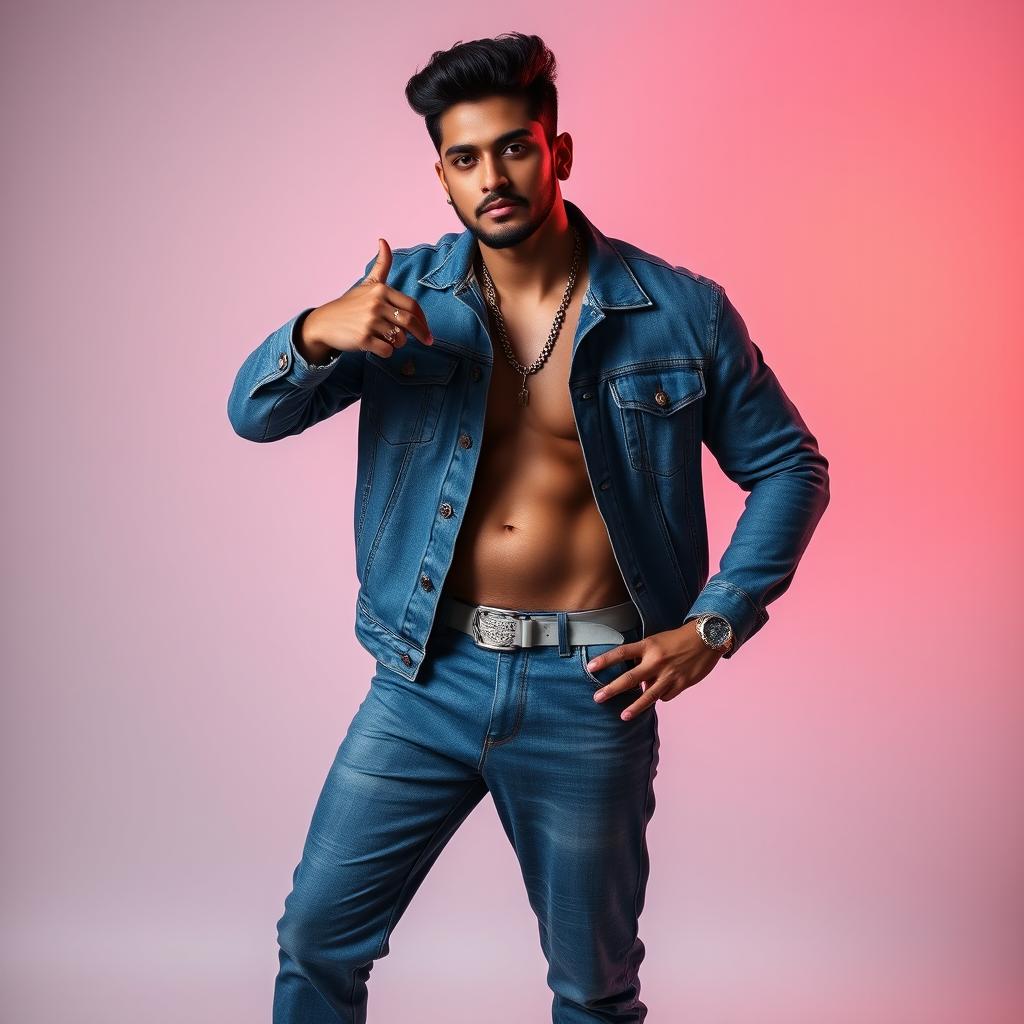 A handsome Assamese heavy male singer wearing a stylish denim jacket and matching denim pants, complemented by beautiful footwear
