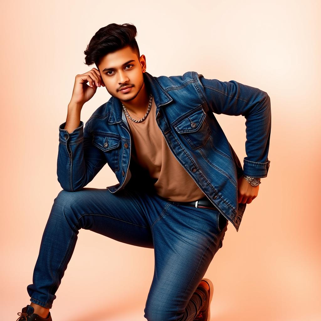 A handsome Assamese heavy male singer wearing a stylish denim jacket and matching denim pants, complemented by beautiful footwear