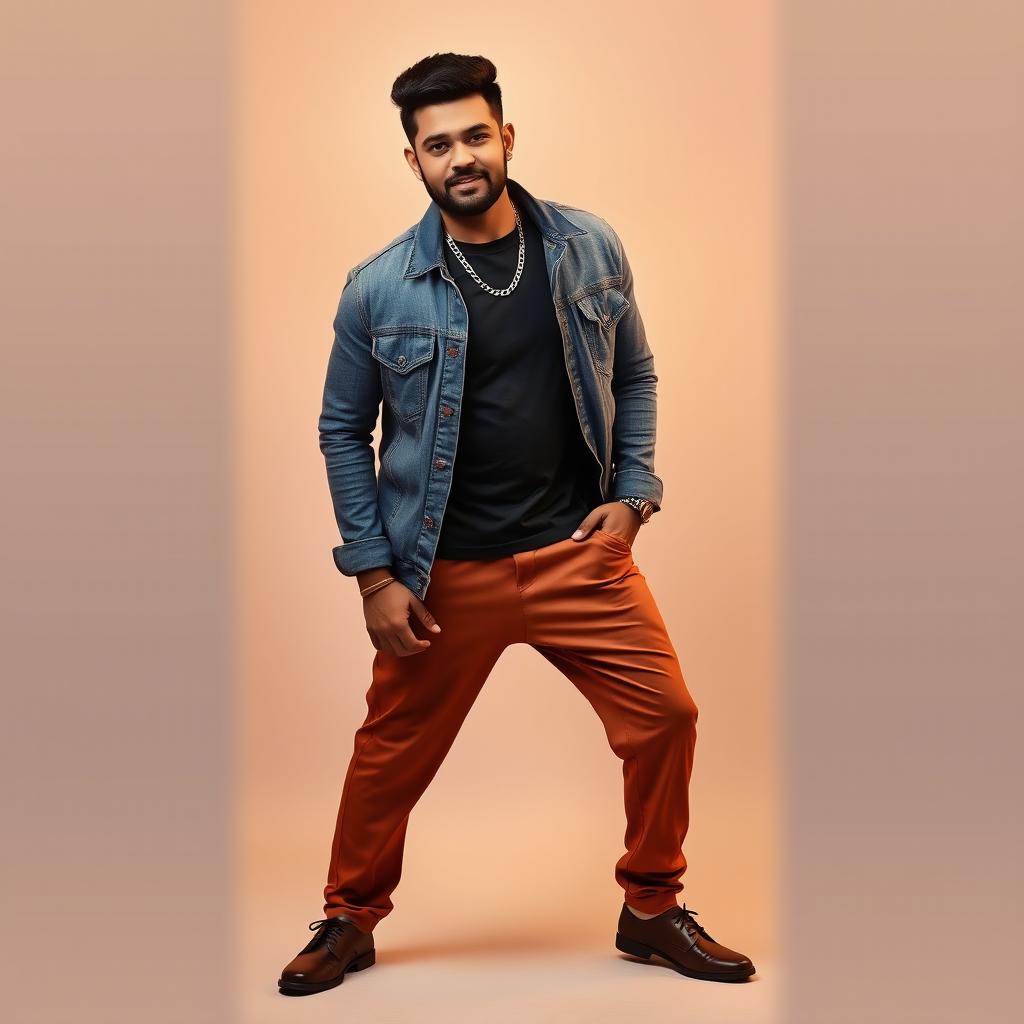 A handsome Assamese heavy male singer wearing a beautiful denim jacket over a stylish t-shirt and matching pants, complemented by elegant footwear