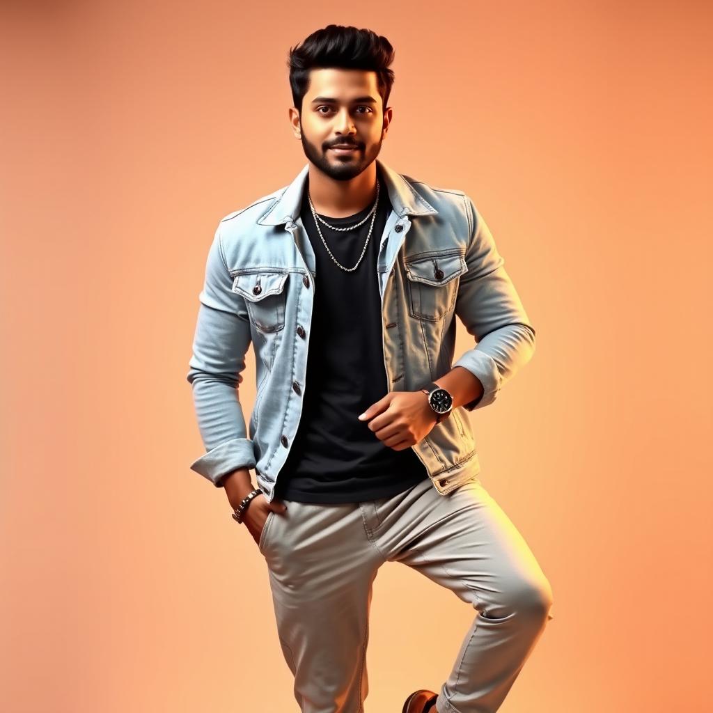 A handsome Assamese heavy male singer wearing a beautiful light-colored denim jacket over a stylish t-shirt and matching pants, complemented by elegant footwear