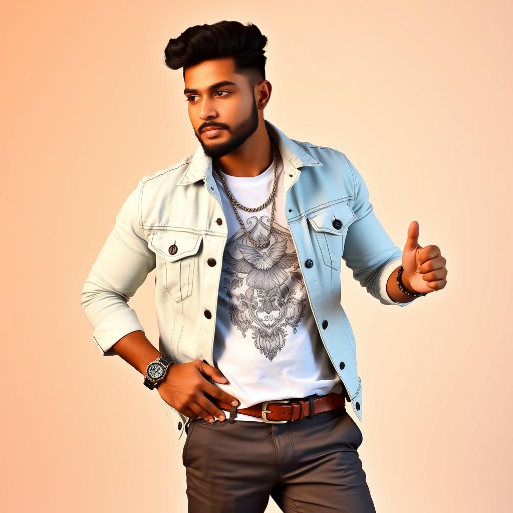 A handsome Assamese heavy male singer wearing a beautiful light-colored denim jacket over a stunning white printed t-shirt and stylish pants, accompanied by elegant footwear