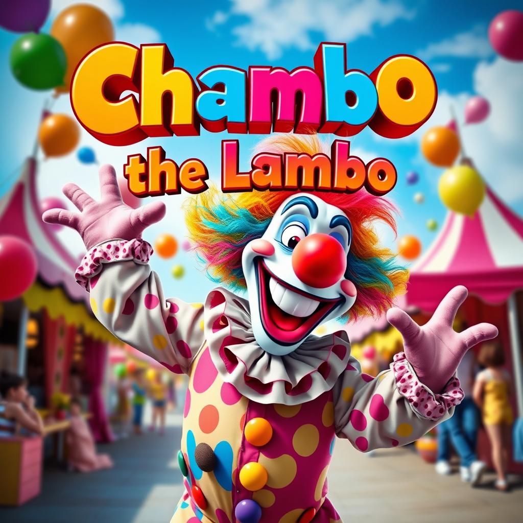 A vibrant and colorful clown movie poster featuring a whimsical clown named Chambo, the Lambo, in a playful and dynamic pose
