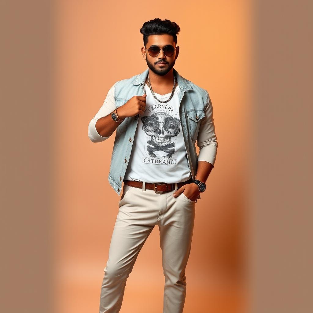 A handsome Assamese heavy male singer wearing a beautiful light-colored denim jacket paired with a stunning white printed t-shirt and stylish pants, complemented by elegant footwear