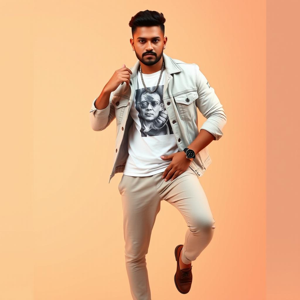 A handsome Northeast Indian heavy male singer wearing a beautiful light-colored denim jacket over a striking white printed t-shirt and stylish pants, accompanied by elegant footwear