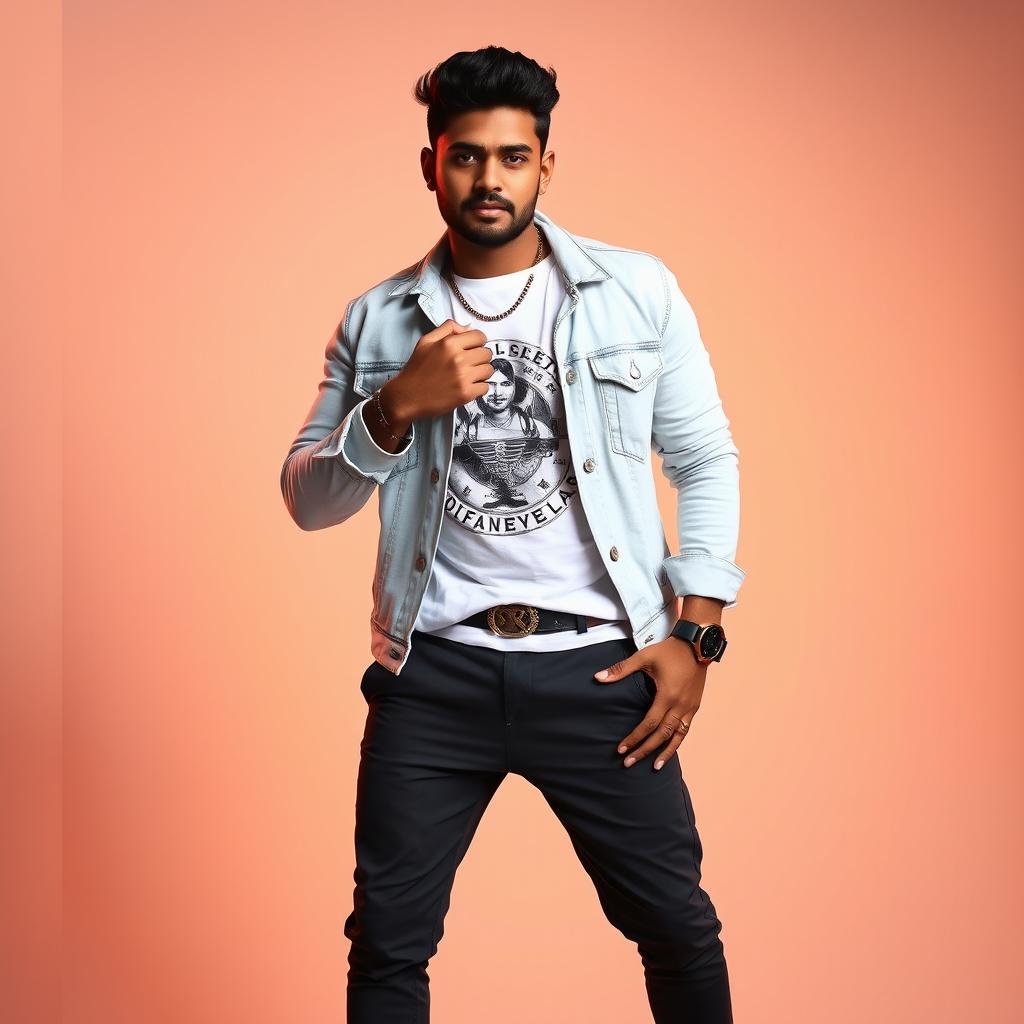 A handsome Northeast Indian heavy male singer wearing a beautiful light-colored denim jacket over a striking white printed t-shirt and stylish pants, complemented by beautiful footwear
