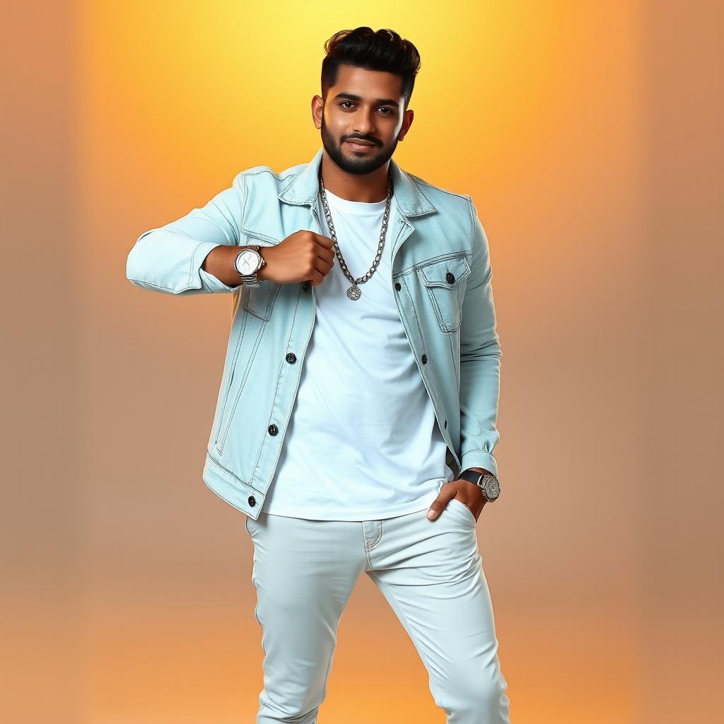 A handsome Northeast Indian heavy male singer wearing a beautiful light-colored denim jacket over a stunning white printed t-shirt and stylish pants, paired with elegant footwear