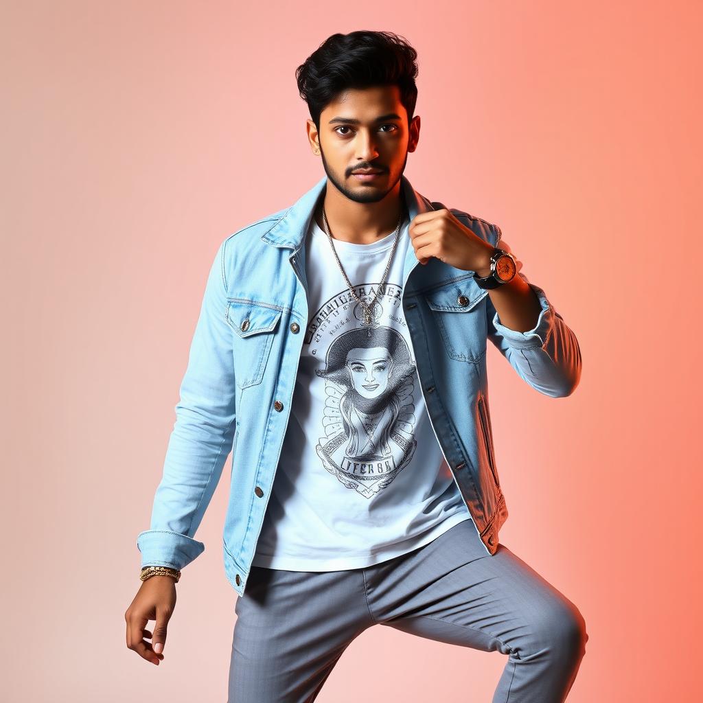 A handsome Northeast Indian heavy male singer wearing a beautiful light-colored denim jacket over a captivating white printed t-shirt and stylish pants, complemented by eye-catching footwear