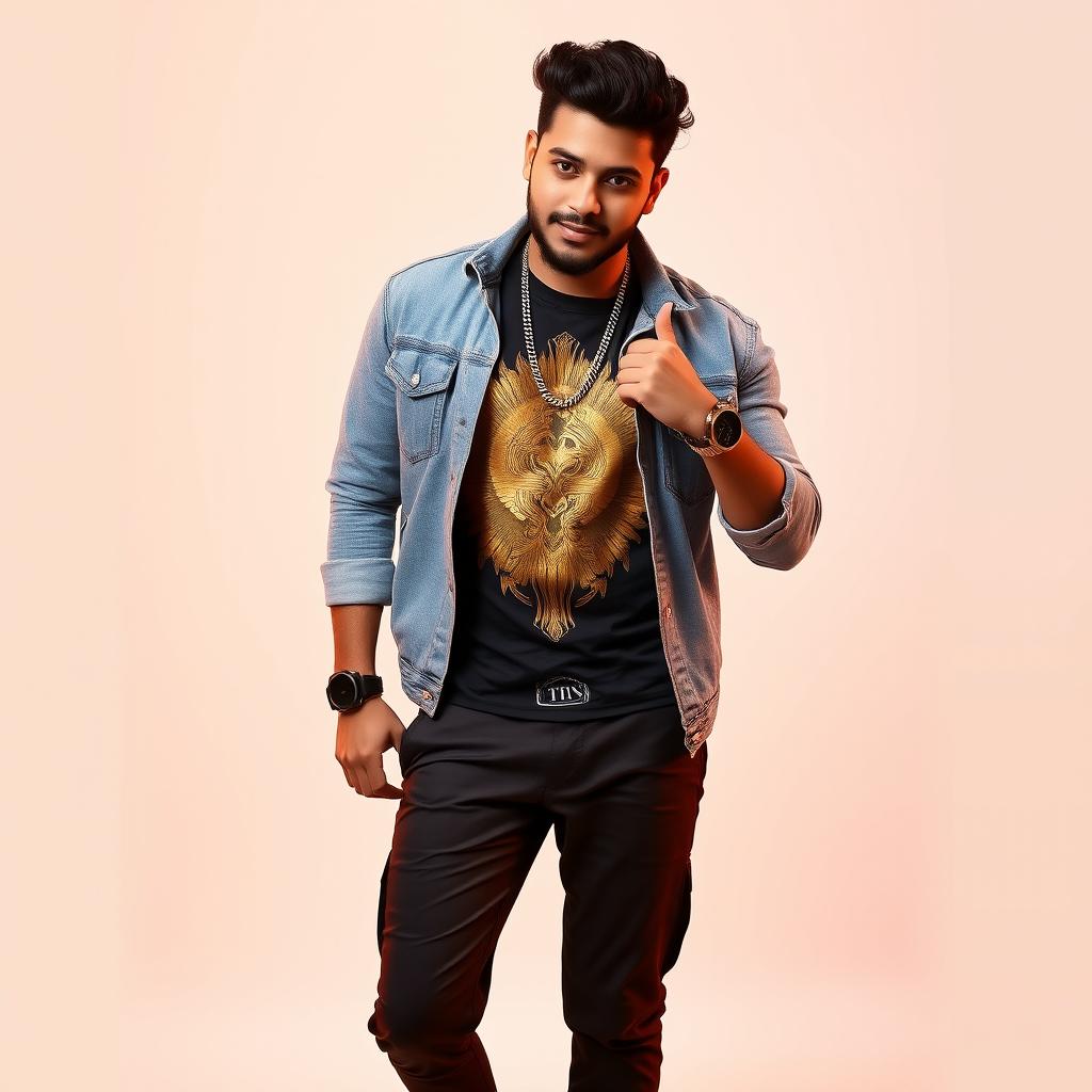 A handsome Northeast Indian heavy male singer wearing a beautiful colored denim jacket over an eye-catching golden printed t-shirt and stylish pants, paired with elegant footwear