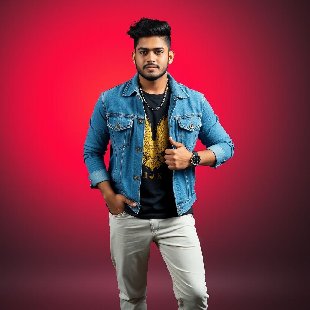 A handsome Northeast Indian heavy male singer wearing a stylishly designed denim jacket in a beautiful color, complemented by a stunning golden printed t-shirt and fashionable pants