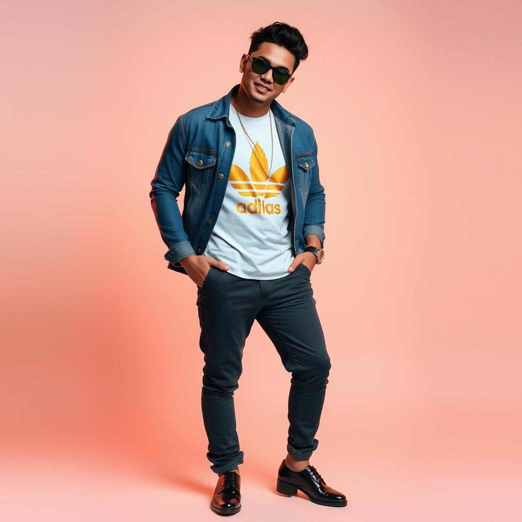 A handsome Asian heavy male singer wearing a beautifully colored denim jacket over an attractive golden printed t-shirt and stylish pants, paired with elegant footwear
