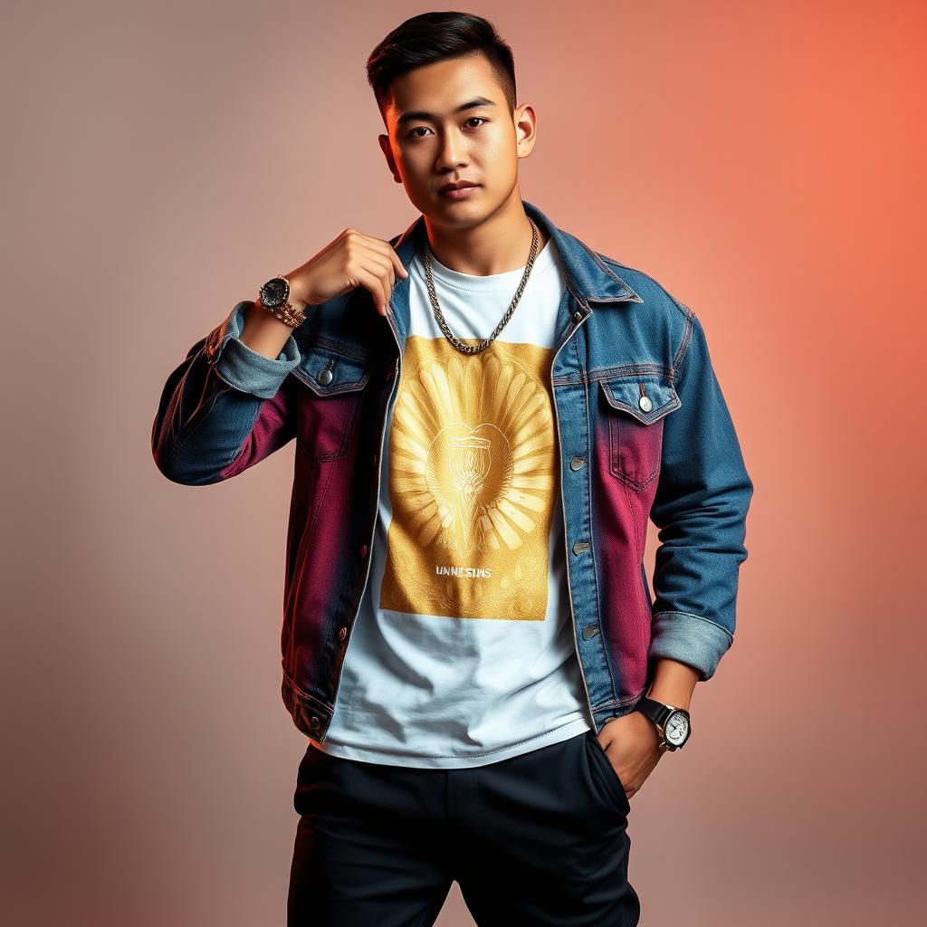 A handsome Asian heavy male singer with a stylish short haircut, wearing a beautifully colored denim jacket paired with an eye-catching golden printed t-shirt and fashionable pants