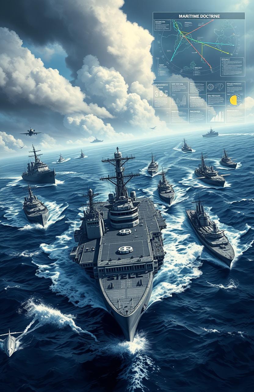 A detailed, visually engaging illustration representing the concept of Maritime Doctrine
