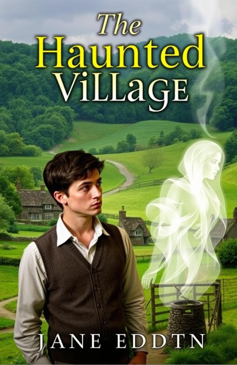 A captivating book cover featuring a serene village scenery with lush green fields and quaint cottages