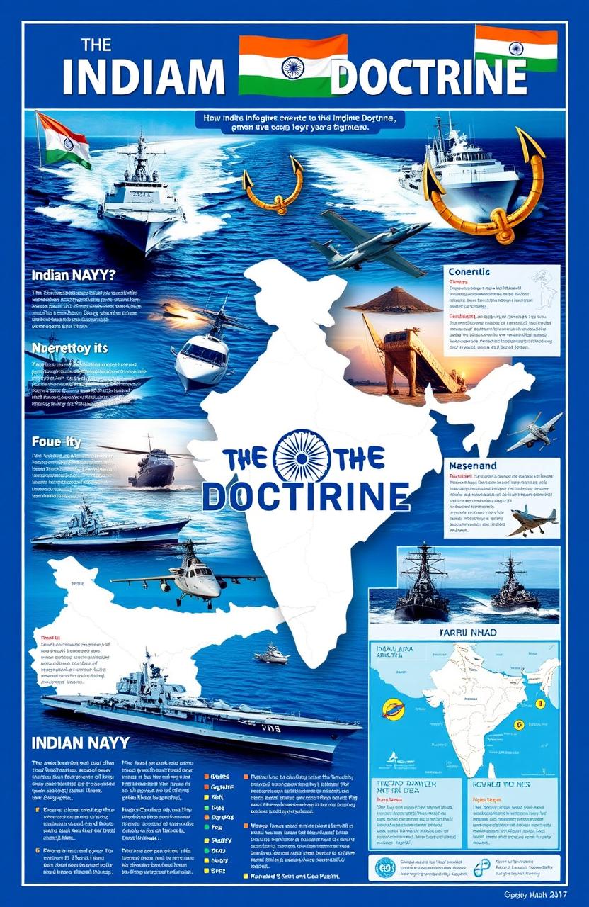 A visually striking and informative representation of the Indian Maritime Doctrine, featuring elements such as the Indian Navy, maritime security, and naval strategy