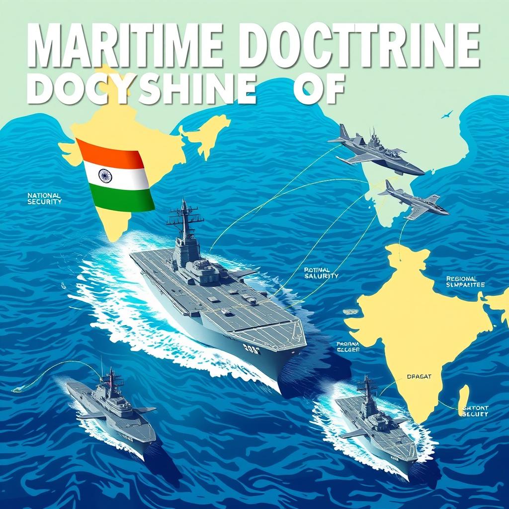 An artistic and informative illustration of the Maritime Doctrine of India, showcasing key concepts such as national security, maritime strategy, and regional maritime cooperation