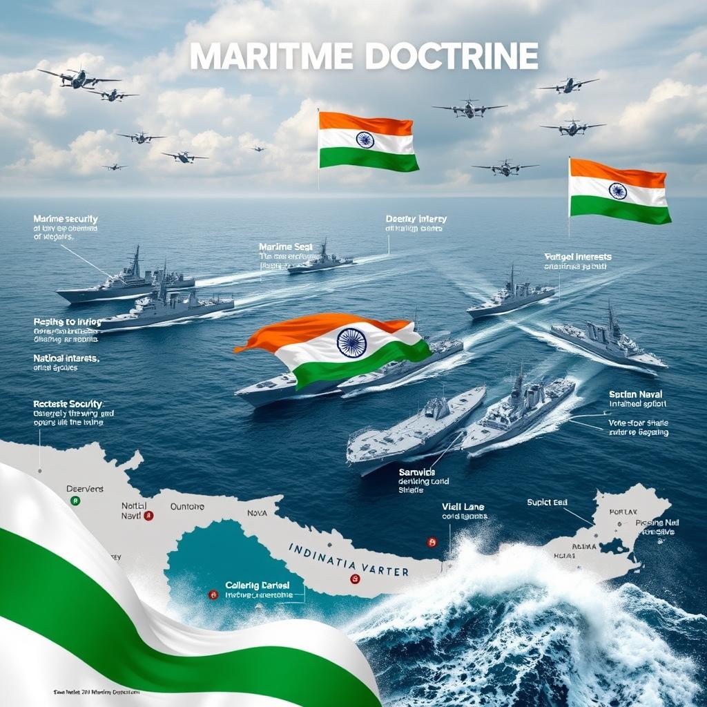 An elaborate and visually engaging depiction of the Indian Maritime Doctrine, illustrating its principles and components such as maritime security, national interests, and naval strategy