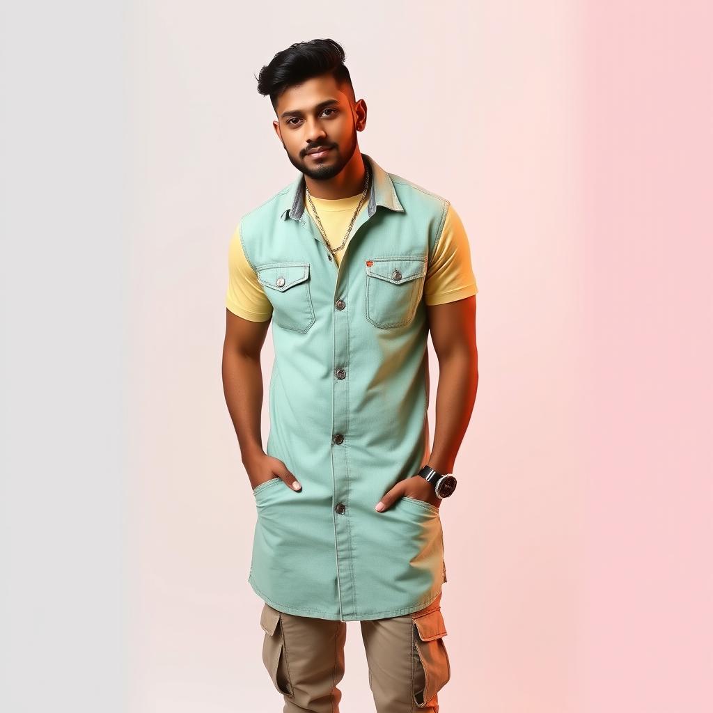 A handsome Indian male singer with a short haircut, wearing an elegant light green denim dress paired with a beautiful golden cream colored white t-shirt underneath