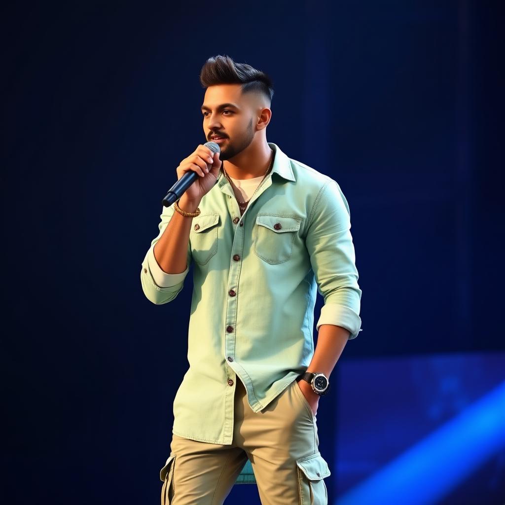 A handsome Indian male singer with a short haircut, wearing an elegant light green denim dress paired with a beautiful golden cream colored white t-shirt