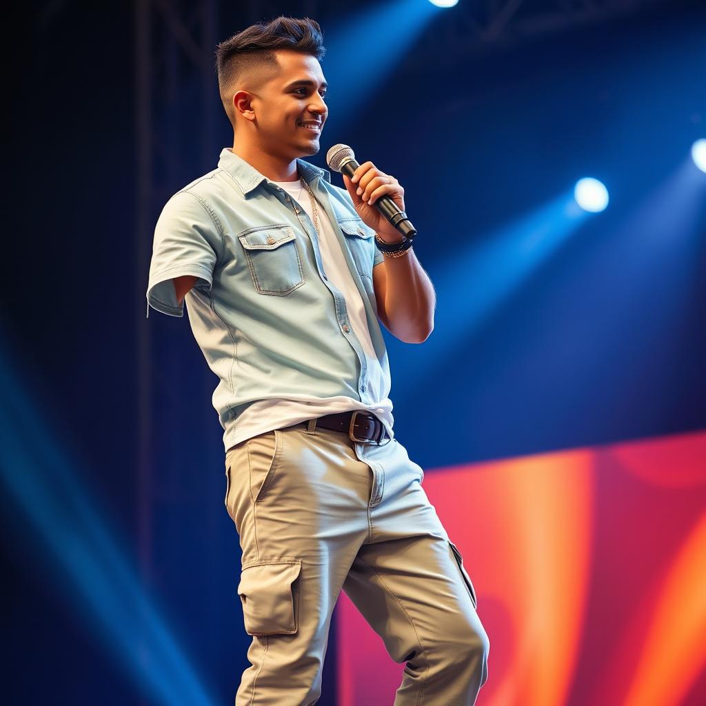 A handsome Indian male singer with a short haircut, wearing an elegant light green denim dress, complemented by a beautiful golden cream colored white t-shirt