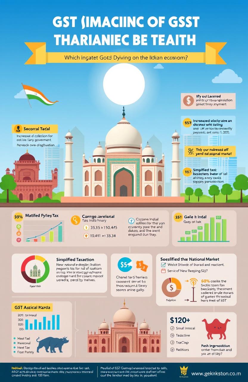 A detailed infographic illustrating the impact of GST (Goods and Services Tax) on the Indian economy