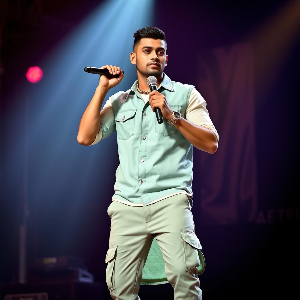 A handsome Indian male singer with a short haircut, wearing an elegant light green denim dress, paired with a beautiful golden cream colored white t-shirt