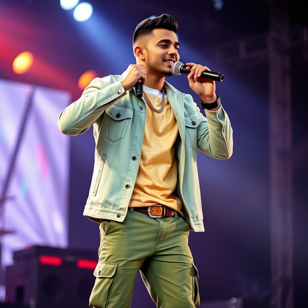 A handsome Indian male singer with a short haircut, wearing an elegant light green denim jacket over a beautiful golden cream and white color combination t-shirt