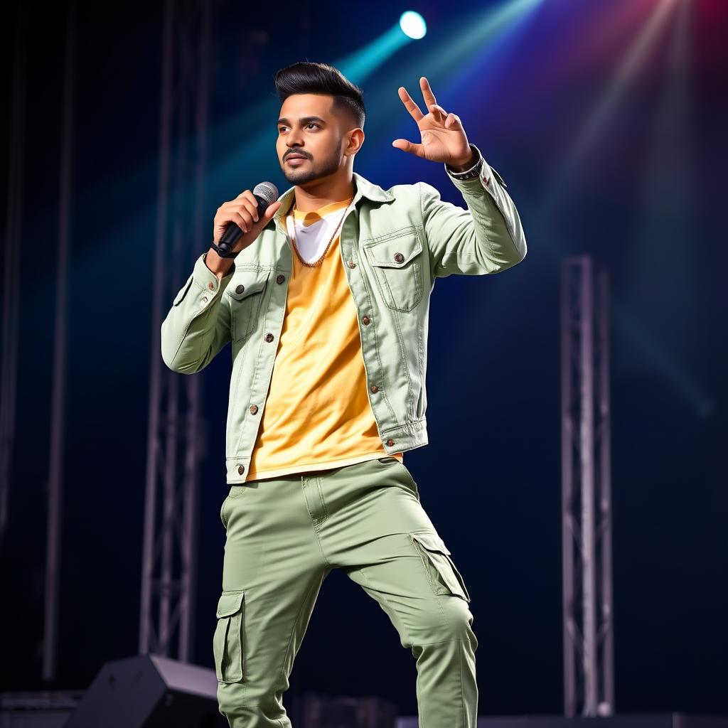 A handsome Indian male singer with a short haircut, dressed in an elegant light green denim jacket over a beautiful golden cream and white color combination t-shirt