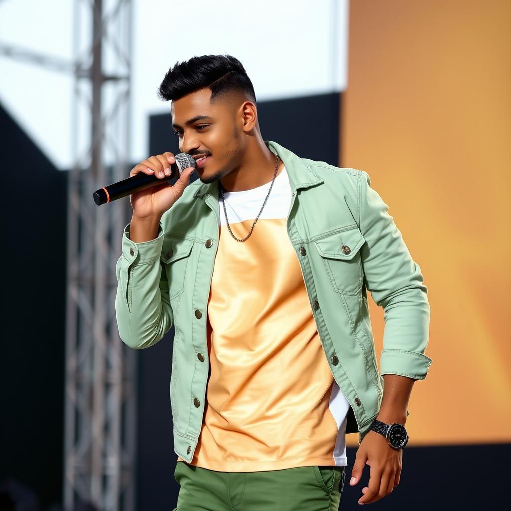 A handsome Indian male singer with a short haircut, wearing an elegant light green denim jacket over a stunning golden cream and white color combination t-shirt