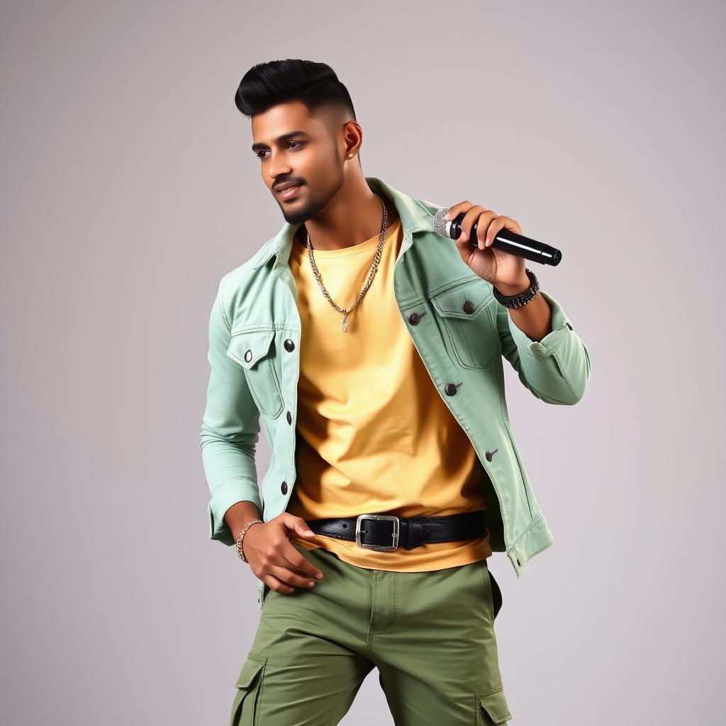A handsome Indian male singer with a short haircut, dressed in an elegant light green denim jacket paired with a beautiful golden cream and white color combination t-shirt