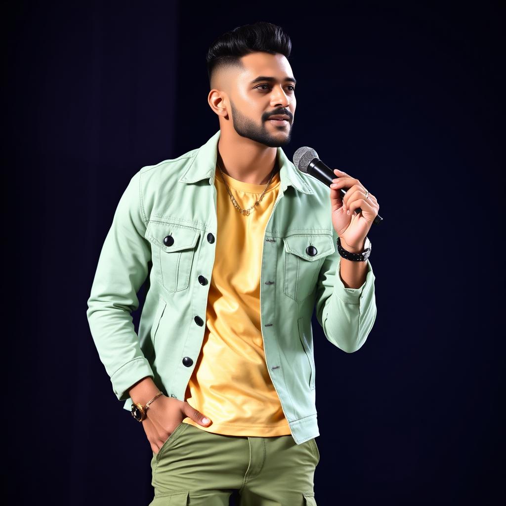 A handsome Indian male singer with a short haircut, wearing an elegant light green denim jacket over a beautiful golden cream and white color combination t-shirt