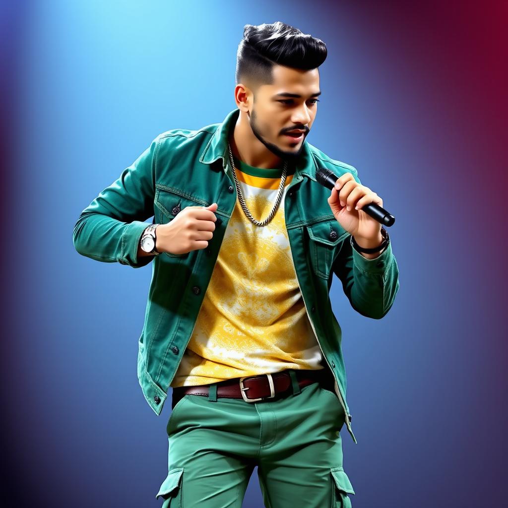 A handsome Indian male singer with a short haircut, dressed in an elegant green denim jacket over a beautiful golden cream and white color combination printed t-shirt