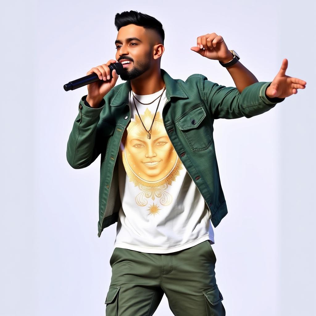 A handsome Indian male singer with a short haircut, wearing an elegant green denim jacket over a beautiful golden cream and white color combination printed t-shirt