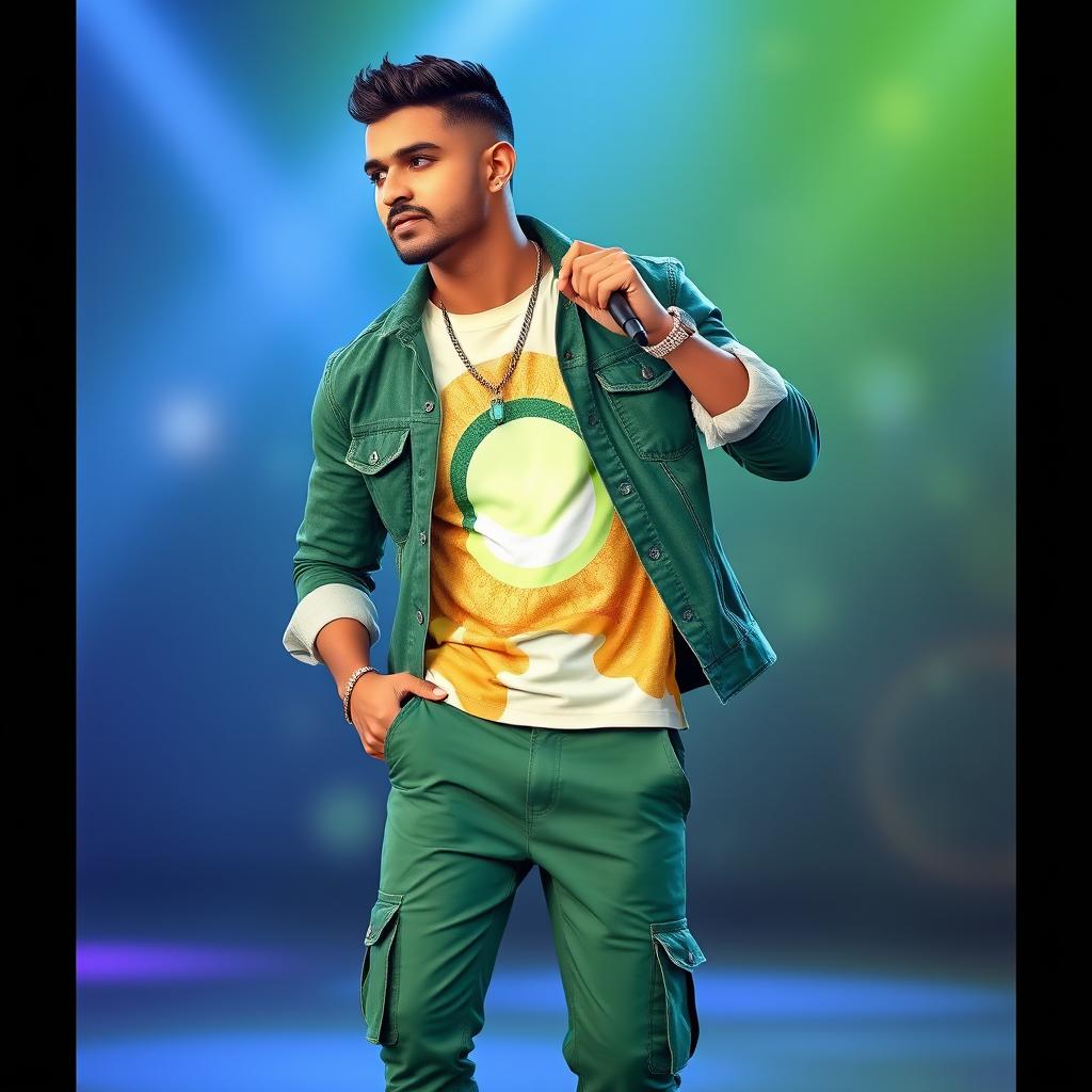 A handsome Indian male singer with a short haircut, wearing an elegant green denim jacket over a beautifully designed t-shirt that features a combination of golden, light green, neon, cream, and white colors