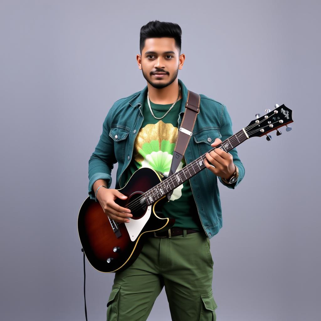 A handsome Indian male singer with a short haircut, wearing an elegant green denim jacket over a beautifully designed t-shirt that features a combination of golden, light green, neon, cream, and white colors