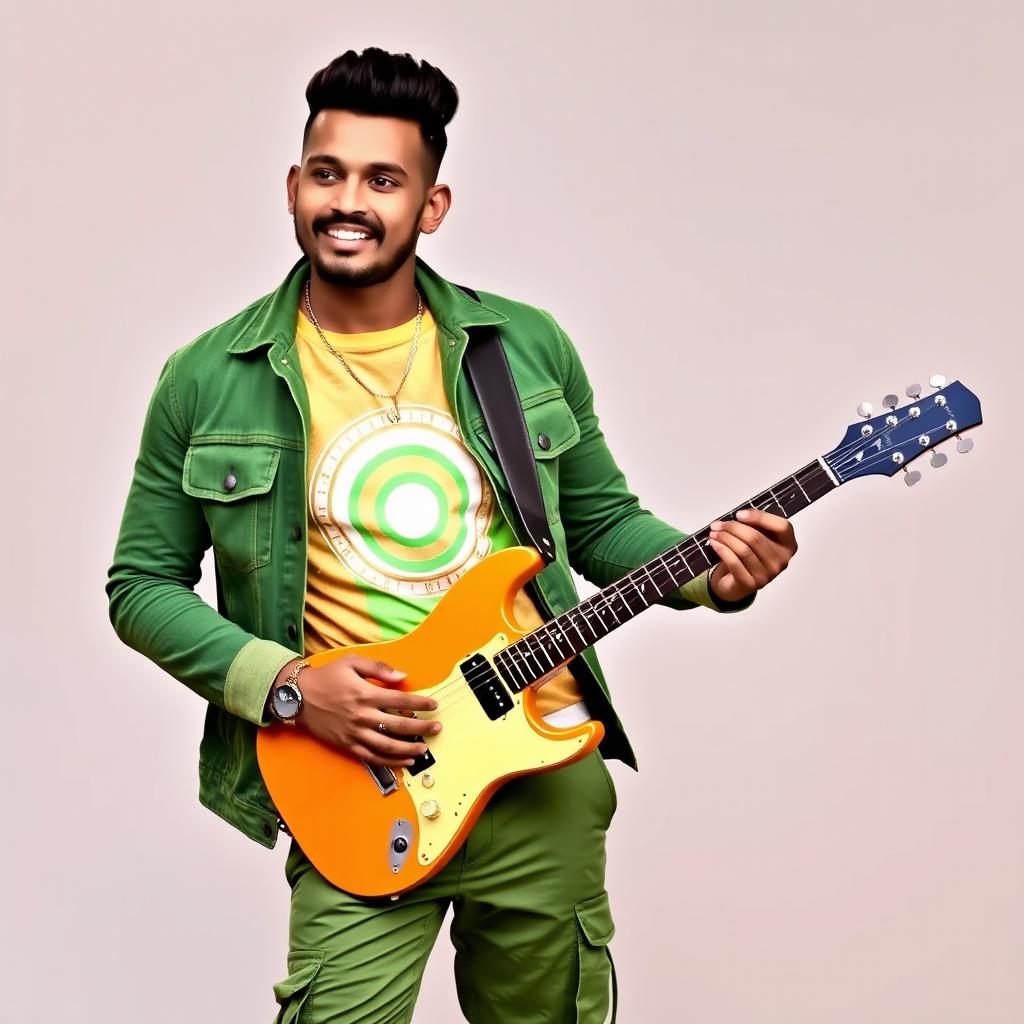 A handsome Indian male singer with a short haircut, wearing an elegant green denim jacket over a beautifully designed t-shirt that features a combination of golden, light green, neon, cream, and white colors