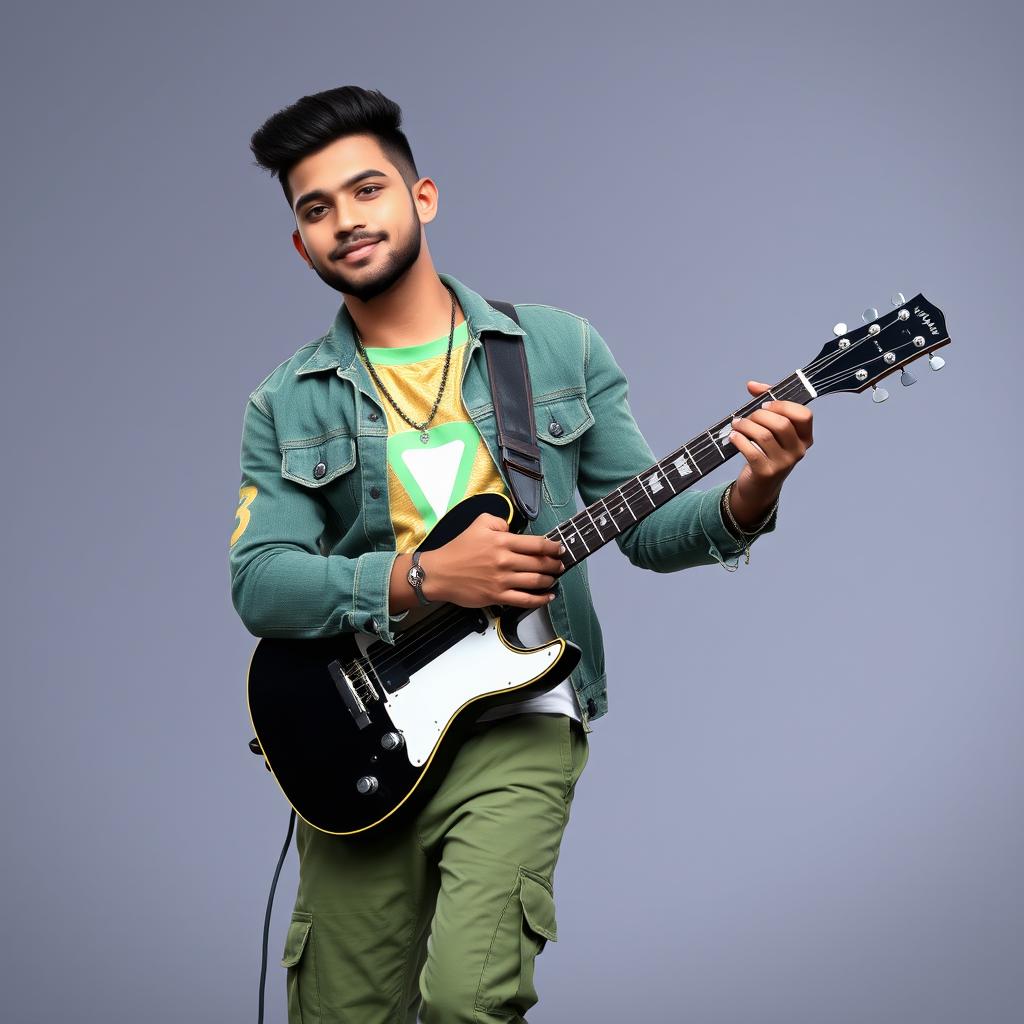 A handsome Indian male singer with a short haircut, dressed in an elegant green denim jacket paired with a beautifully designed t-shirt that features a stunning combination of golden, light green, neon, cream, and white colors
