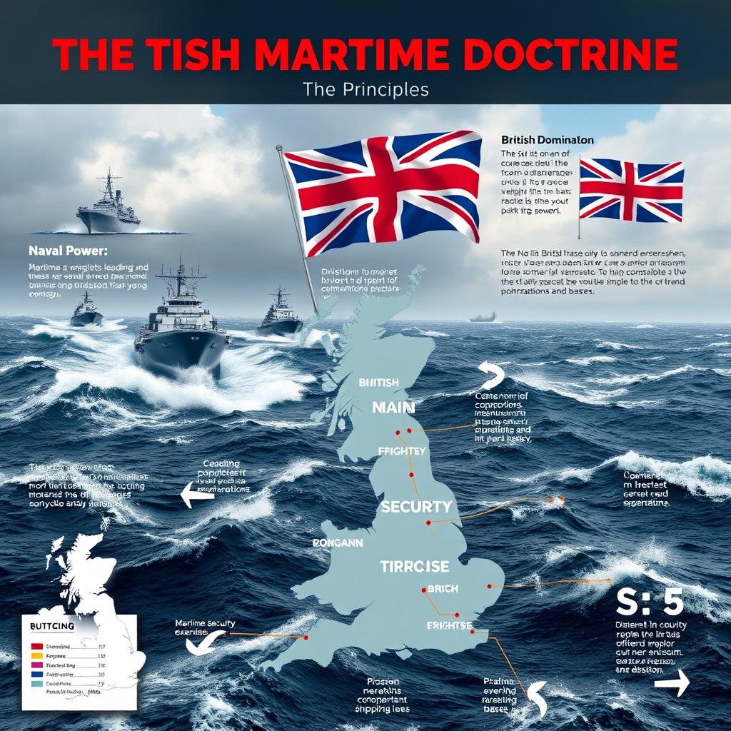 A comprehensive and visually engaging depiction of the British Maritime Doctrine, illustrating its key principles such as maritime dominance, naval power, and international cooperation
