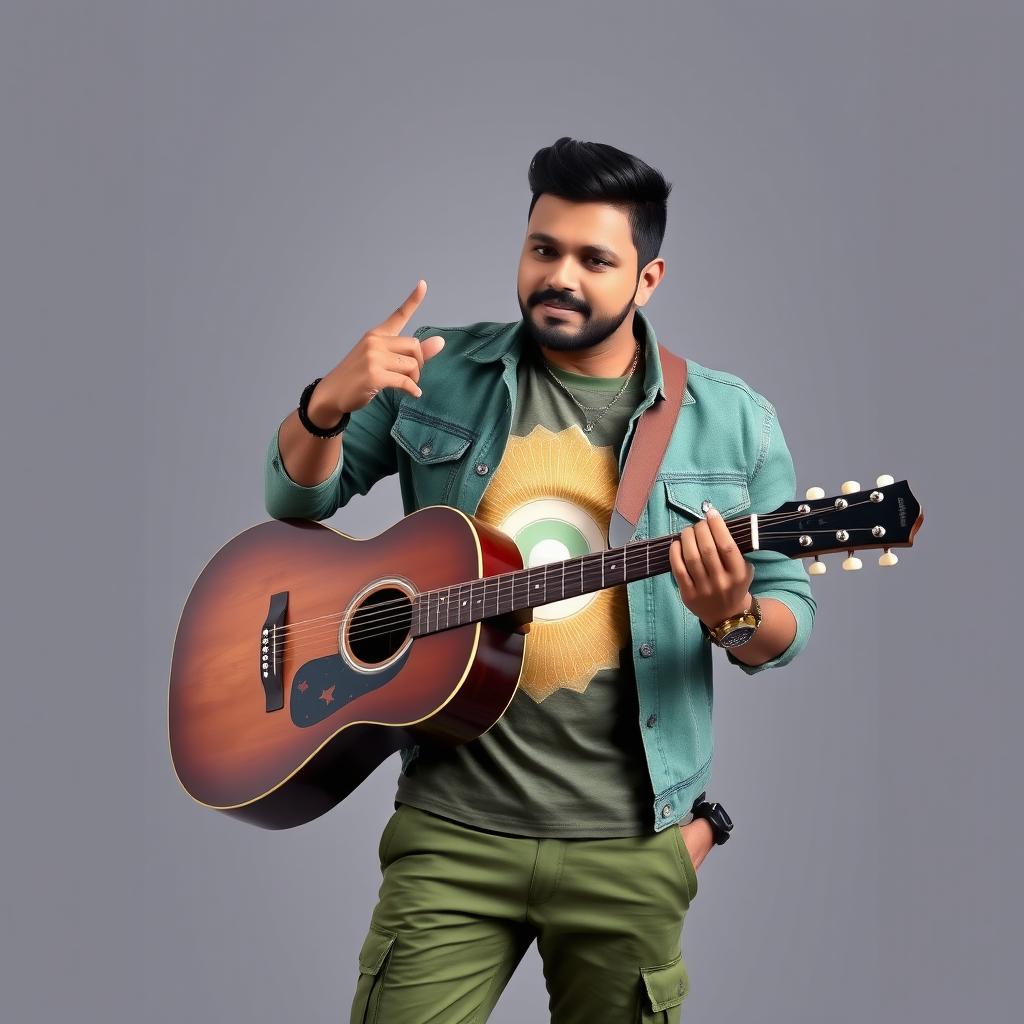 A handsome Indian male singer with a short haircut, wearing an elegant green denim jacket over a beautifully designed t-shirt featuring a stunning combination of golden, light green, cream, and white colors