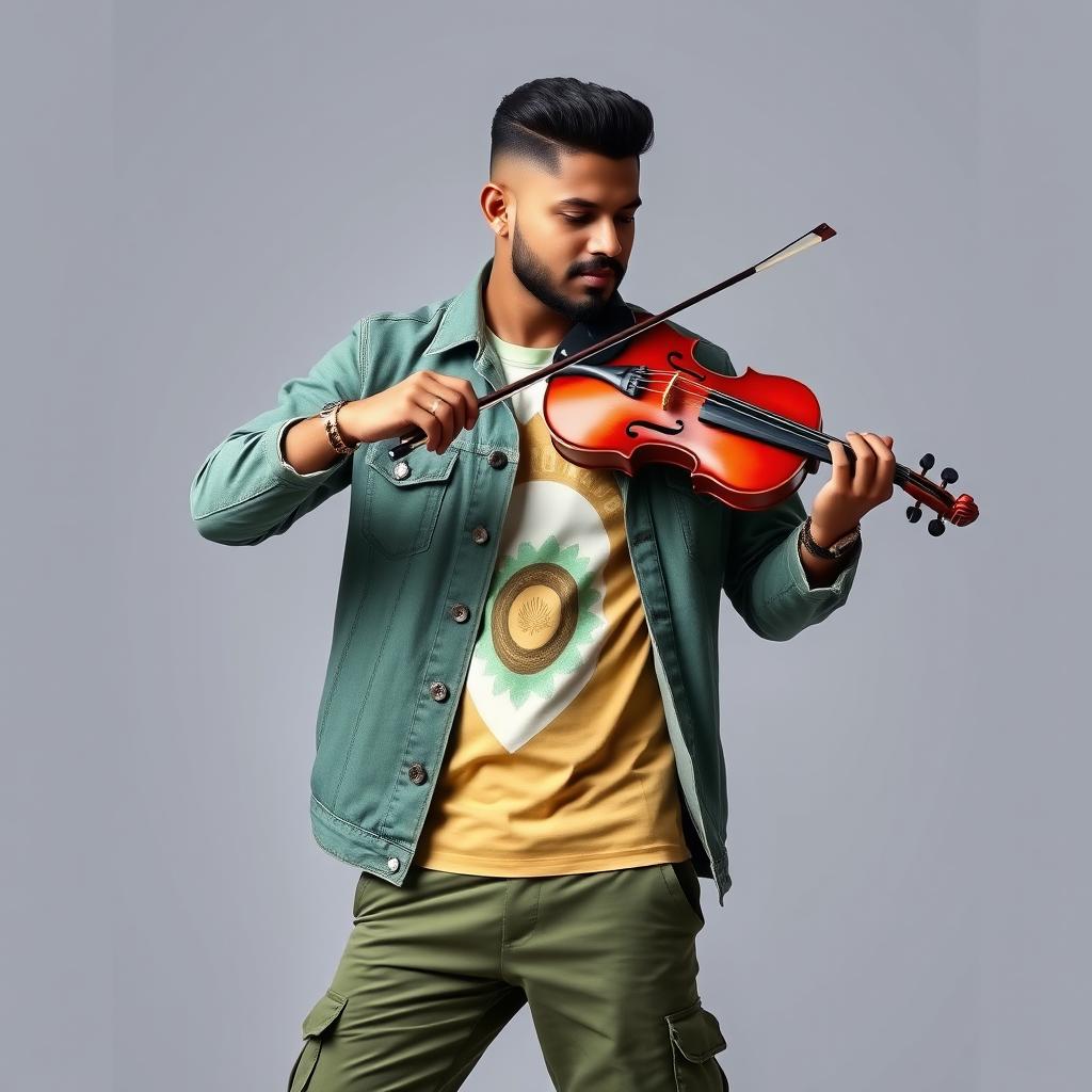 A handsome Indian male singer with a short haircut, dressed in an elegant green denim jacket over a beautifully designed t-shirt showcasing a color combination of golden, light green, cream, and white