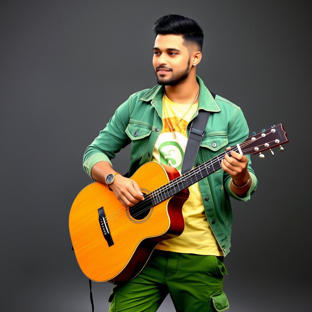A handsome Indian male singer with a short haircut, elegantly dressed in a green denim jacket over a beautifully printed t-shirt showcasing a vibrant color combination of golden, light green, cream, and white