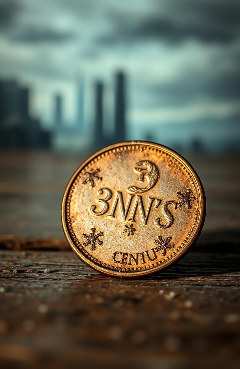 A close-up image of a tarnished three-cent coin reflecting a dimly lit environment, symbolizing the waning humanity