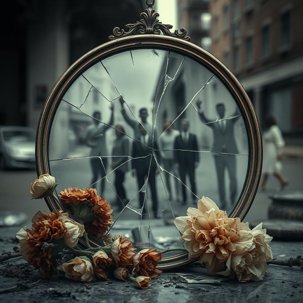 A surreal and thought-provoking scene symbolizing the reflection of waning humanity