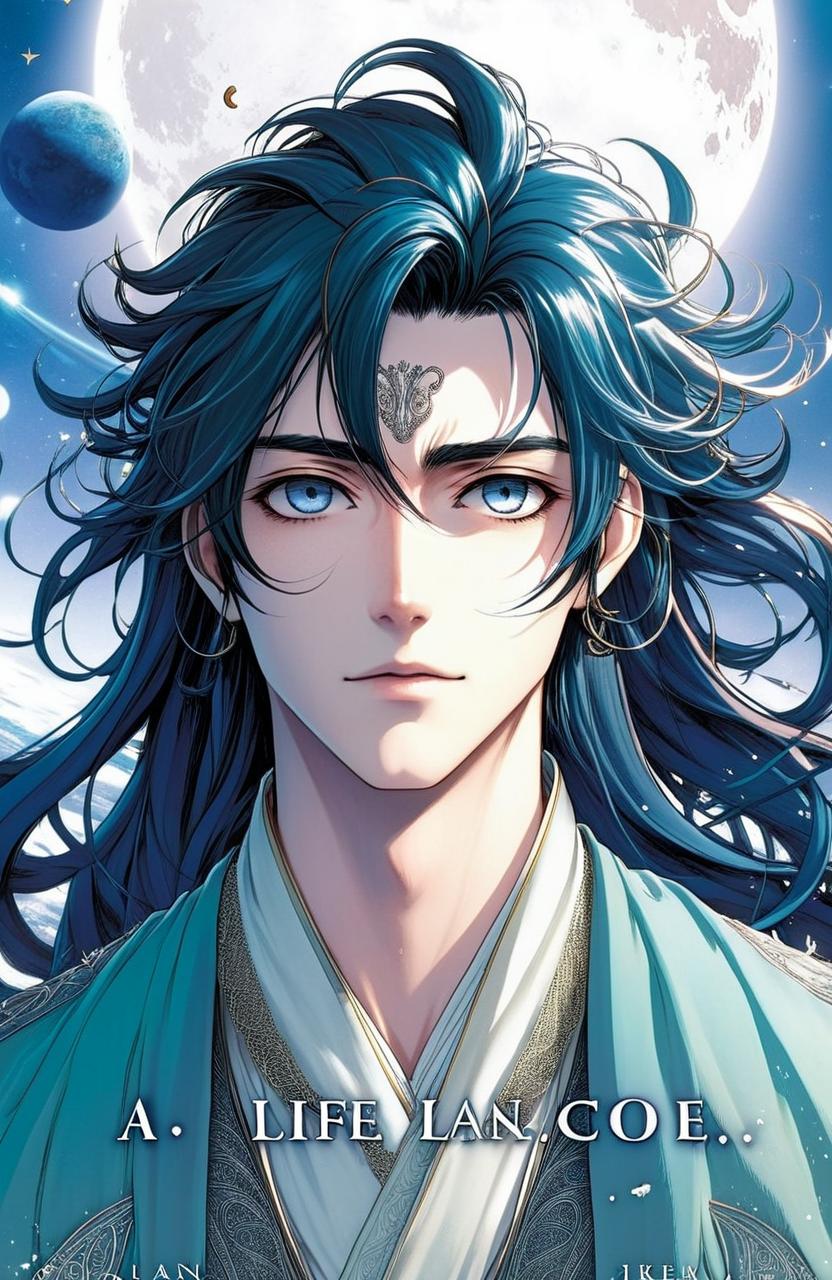 A book cover with the title "A life?", the background of the space, the main character like very handsome with long hair, don't change character use the same