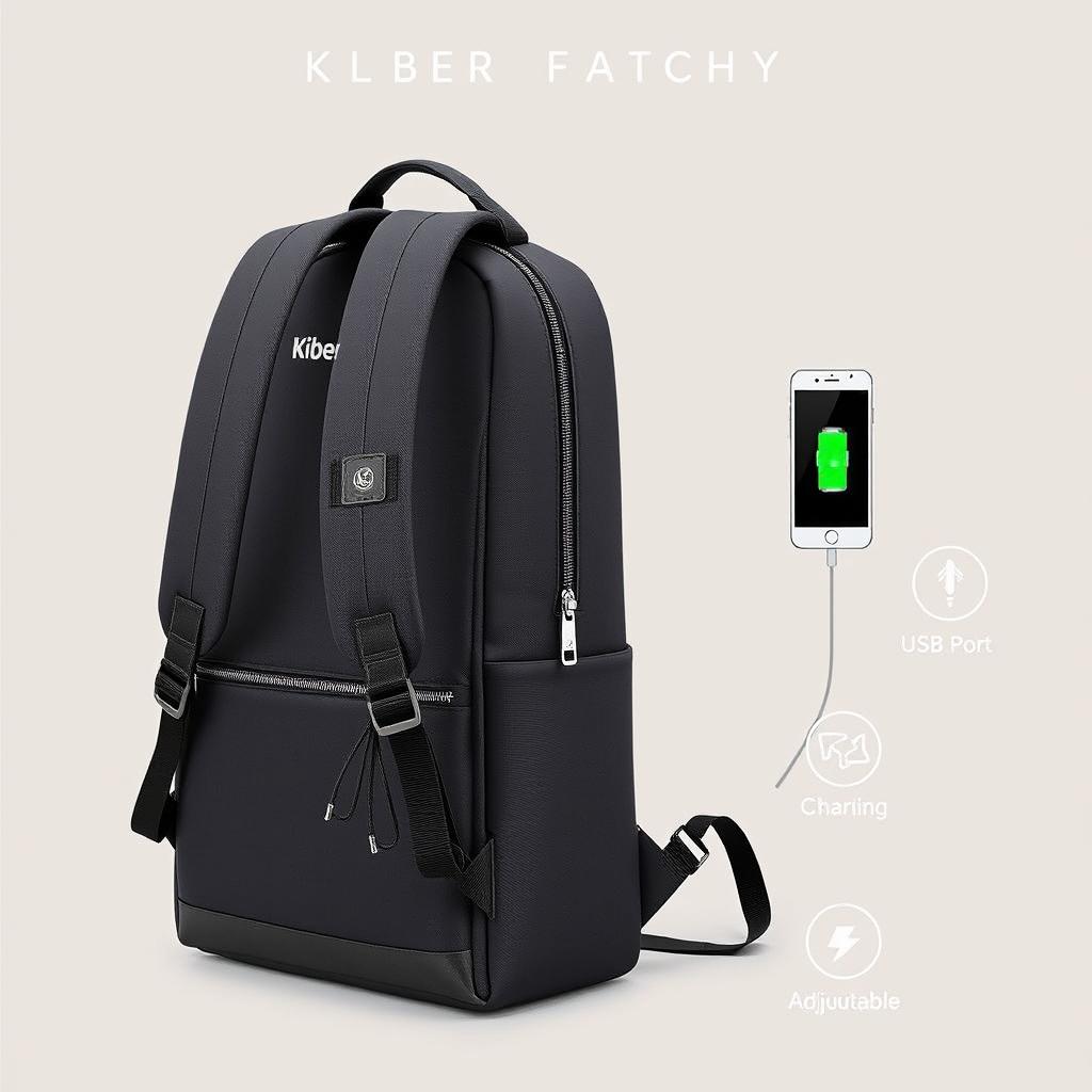 A contemporary, sturdy branded backpack by Kiber One, featuring a convenient USB port for quick charging of gadgets