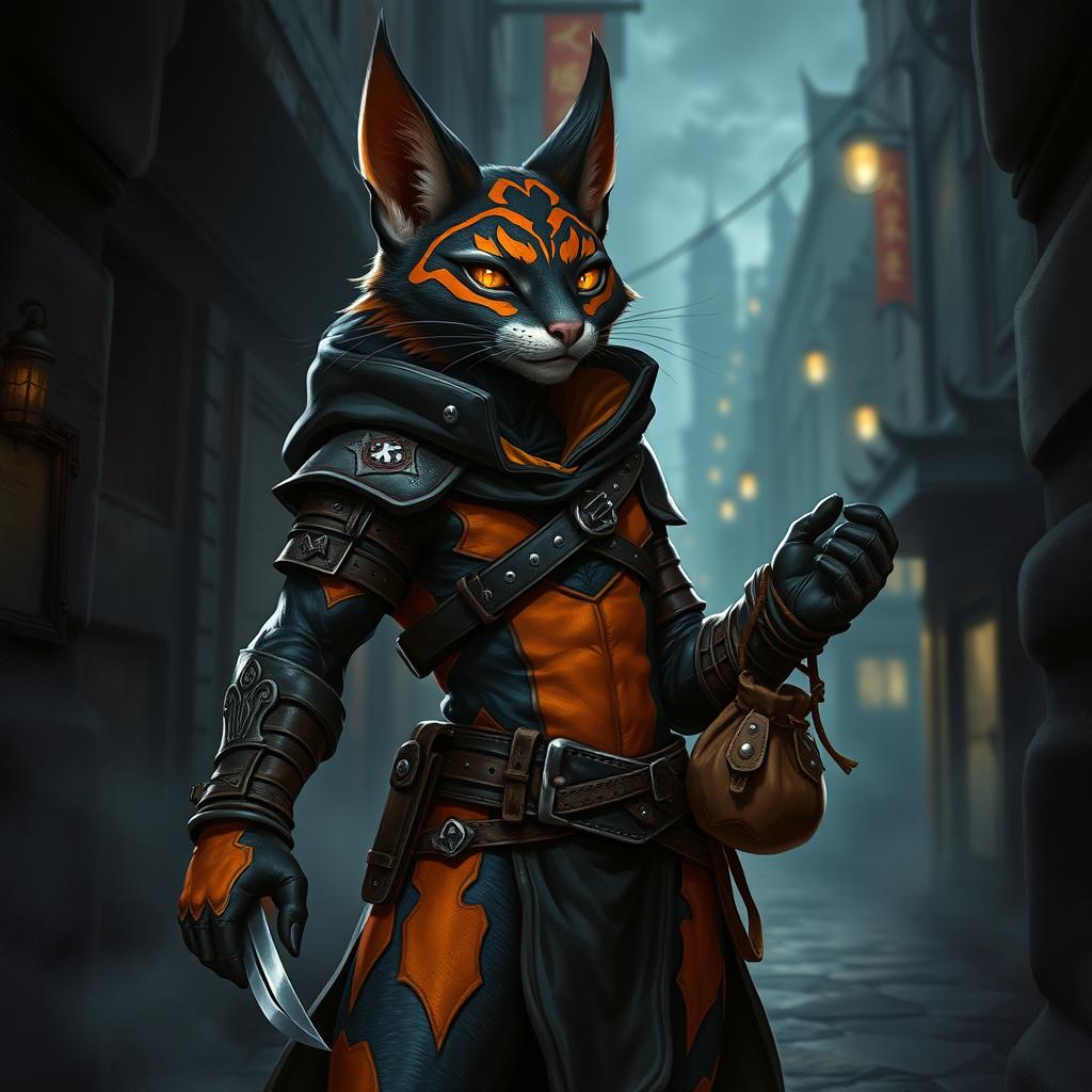 A striking tabaxi rogue, known as Night Fang, portrayed with sleek fur patterned in shades of midnight black and deep orange