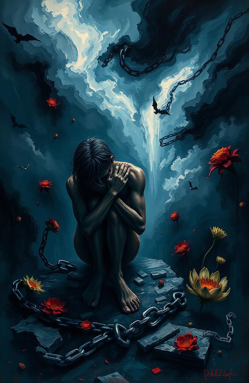 A symbolic representation of human suffering, depicting a dark and chaotic environment filled with shadows and swirling mist