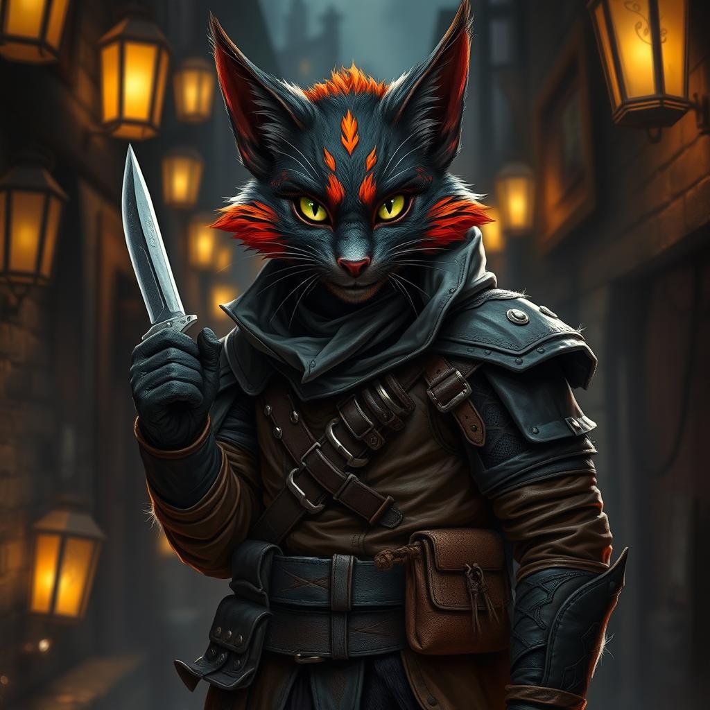 A captivating tabaxi rogue named Night Fang, depicted with luxurious fur that combines shades of dark charcoal and fiery orange
