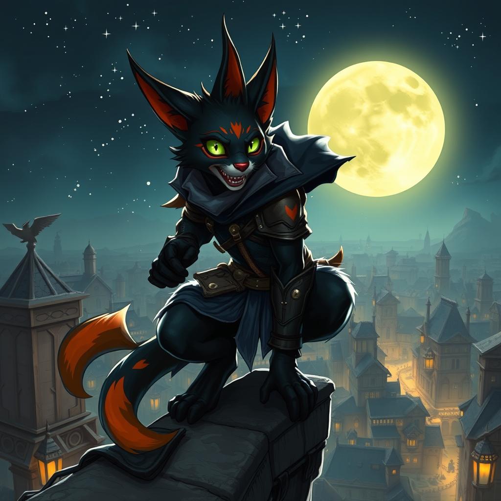 A captivating tabaxi rogue named Night Fang, illustrated with sleek fur in a blend of dark ebony and vibrant orange accents