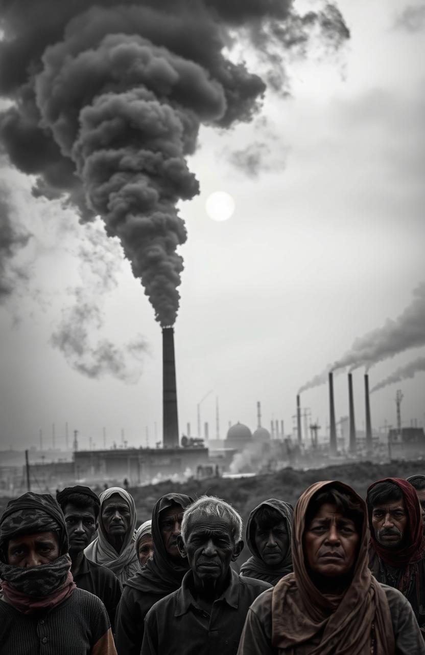 A dramatic scene featuring an industrial landscape with a factory emitting thick black smoke into the sky