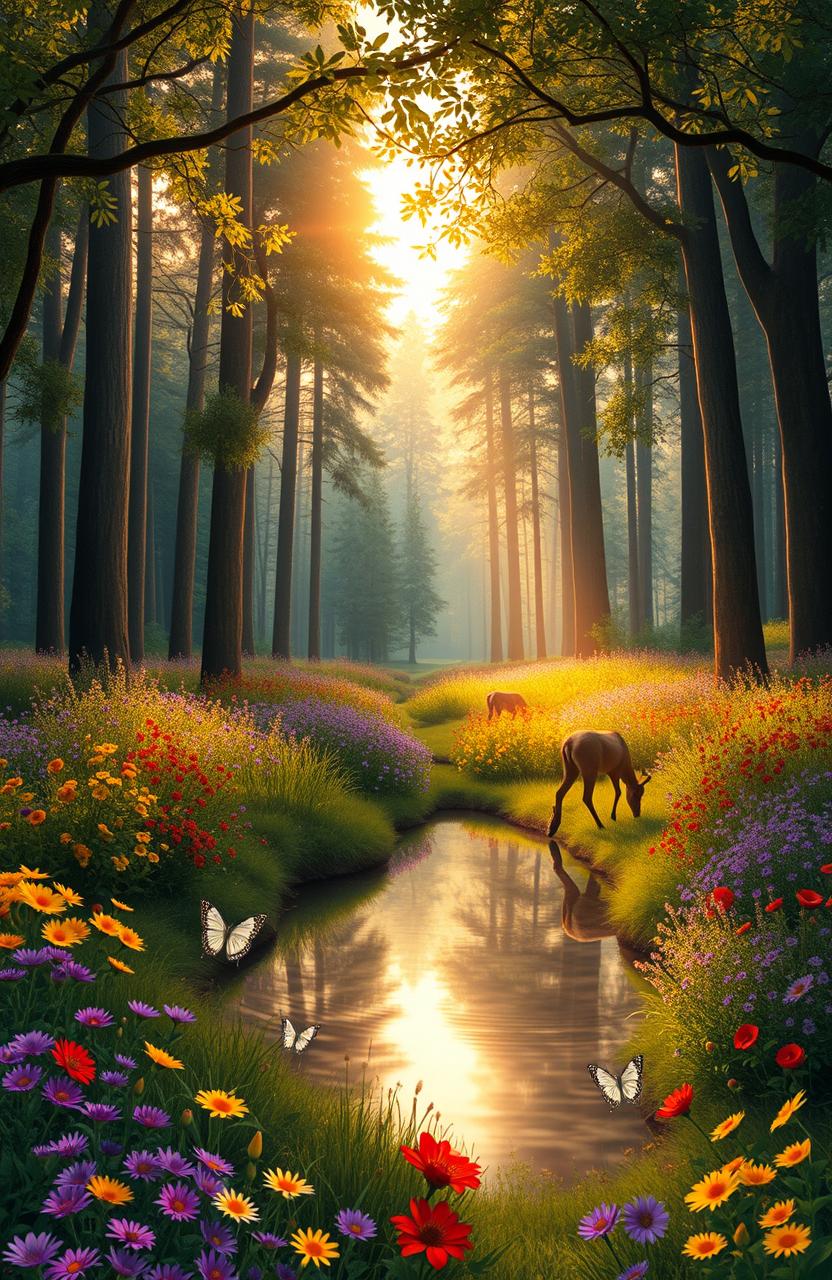 An enchanted forest during the golden hour, filled with vibrant wildflowers in shades of purple, yellow, and red
